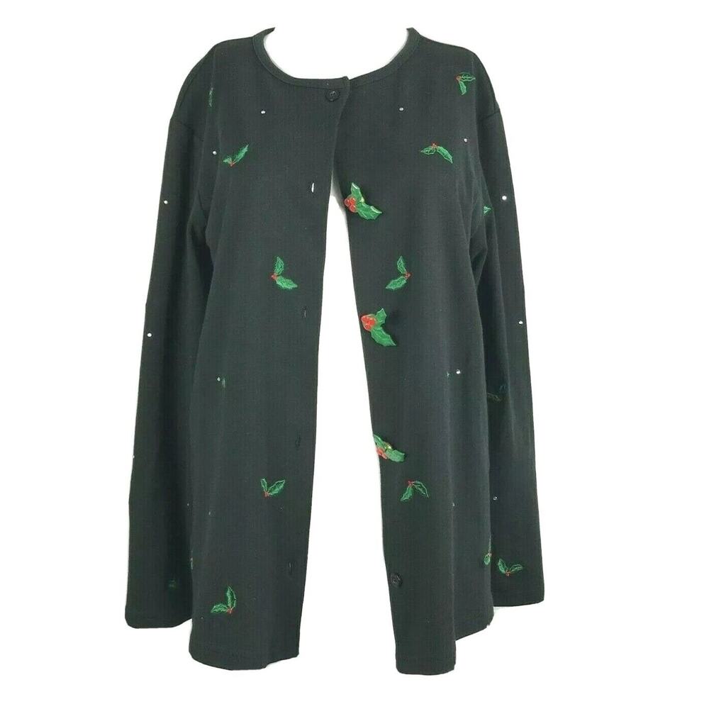 Quacker Factory Cardigan Womens M Black Christmas Holiday Sweater Sz M Mistletoe